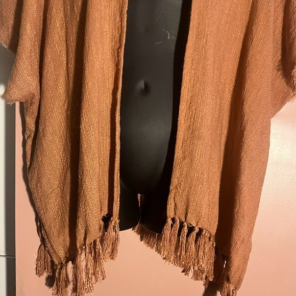 NWT Hooded Poncho Kimono coastal Beachey open raw hem fringe OS rust orange - Picture 8 of 8